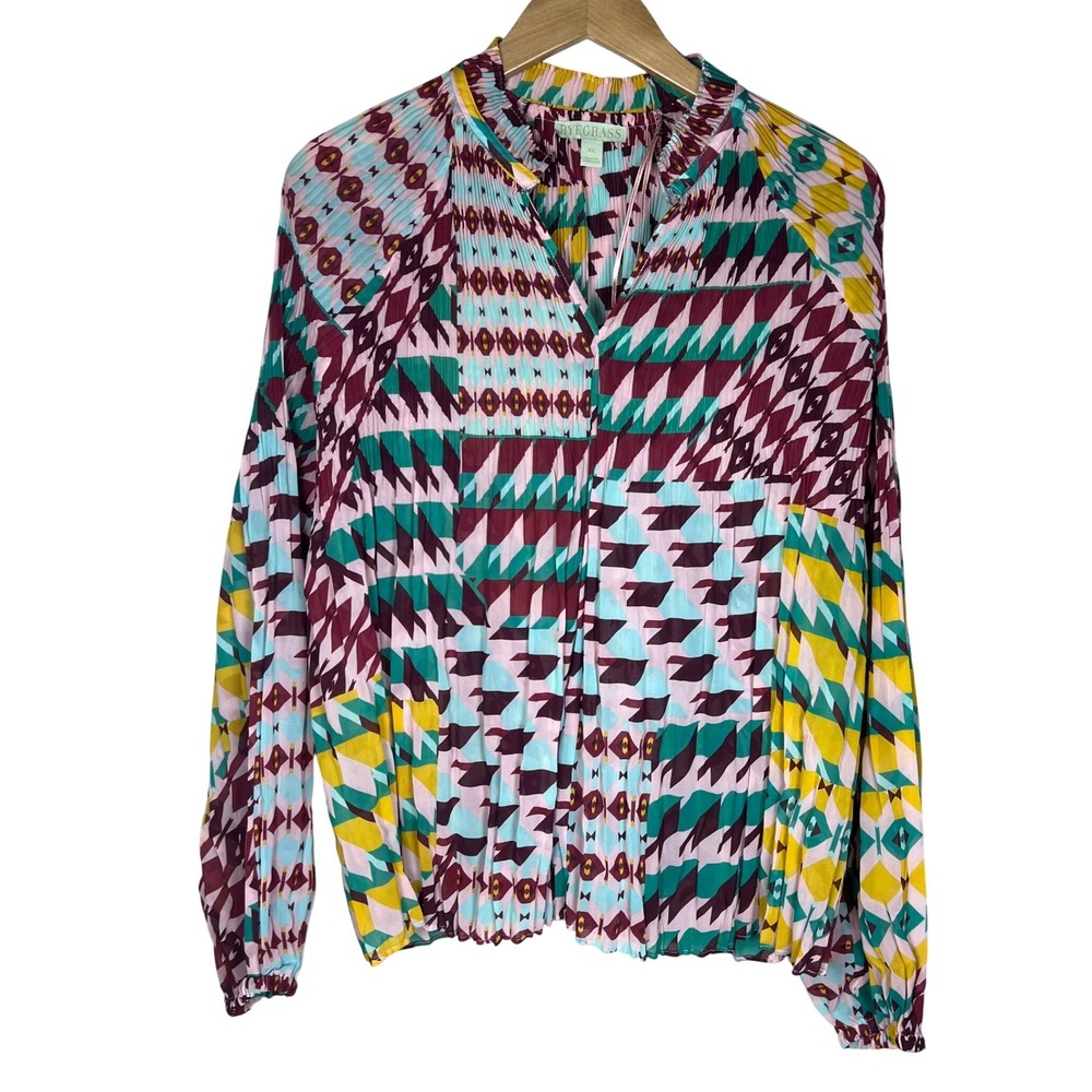 Ryegrass Womens XL Geometric Patchwork Micro Pleated V-Neck Long Sleeve Blouse